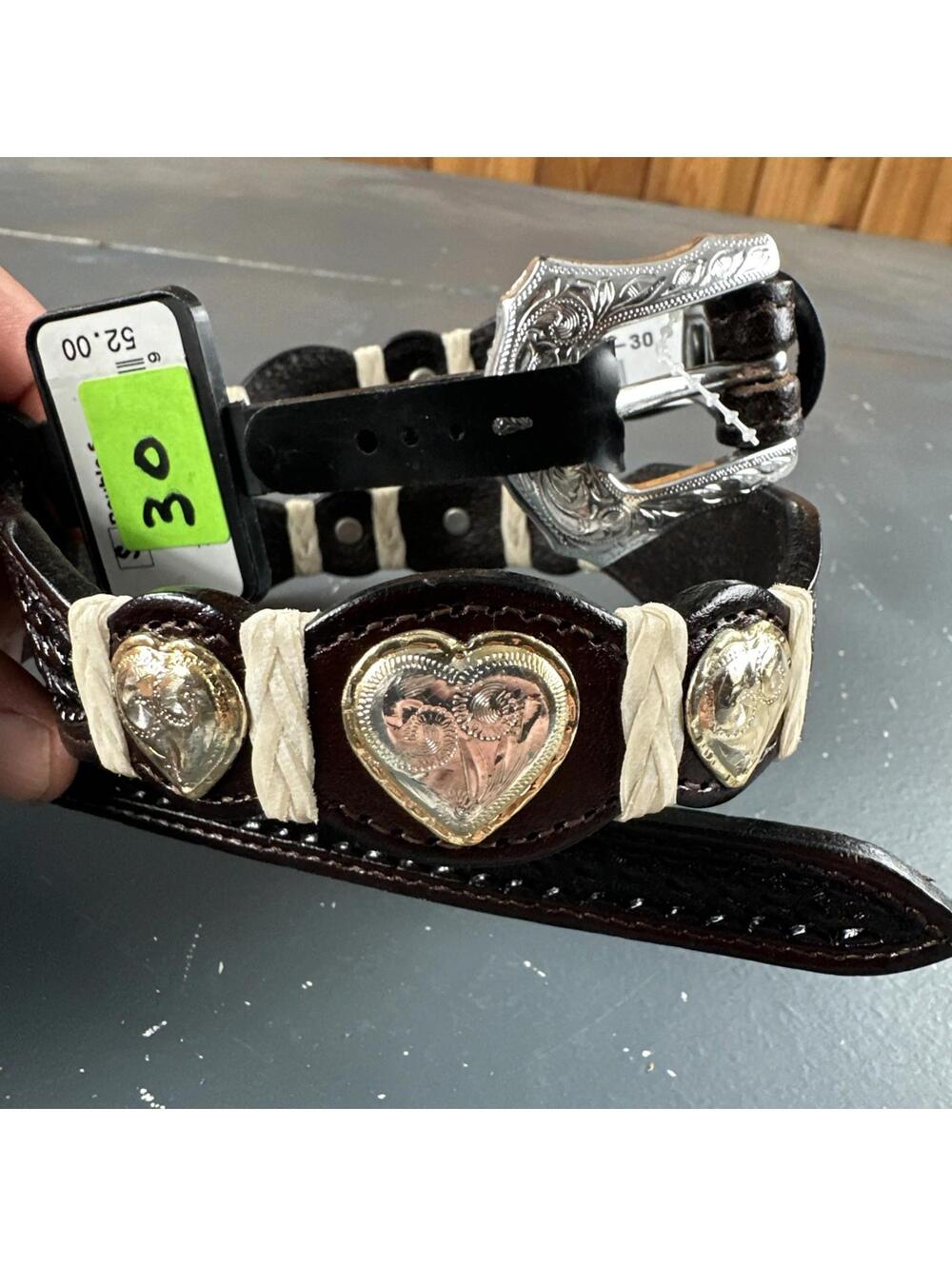 VTG Western Heart Concho Belt Women 30 Brown Ribbon Tooled Silver Rodeo DOUBLE S